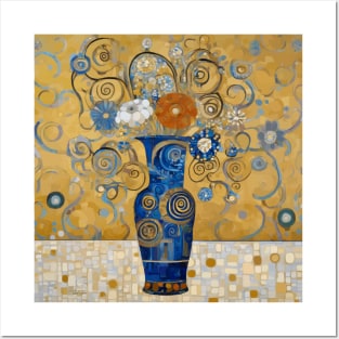 Modern Still Life Painting with Flowers in a Blue and Gold Decorative Vase Posters and Art